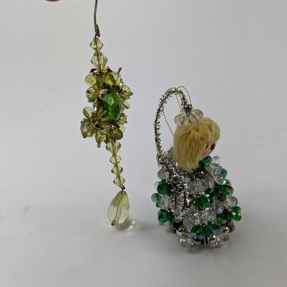 Vintage Beaded Christmas Ornament Cross Safety Pin Angel Green 90s Handmade OOAK - Picture 4 of 15